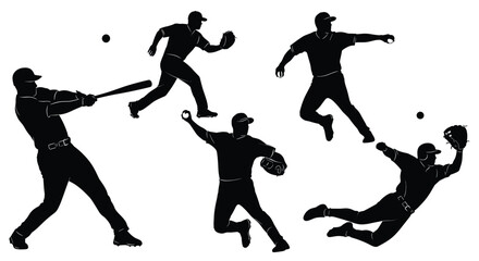 Silhouettes of Baseball Players Depicting Action Pitching Batting Catching Fielding And Throwing