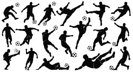 Football Player Silhouette Collection Sporting Athlete Kicking Ball Training Sport Concept