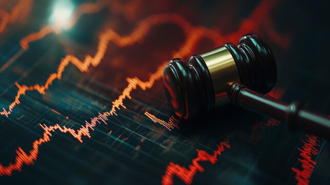 Gavel on financial chart showing market crash, legal issues, and economic crisis.