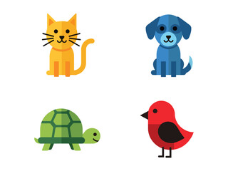 Fototapeta premium Simple Flat Animal Illustration Set Cat Dog Turtle and Bird Icons