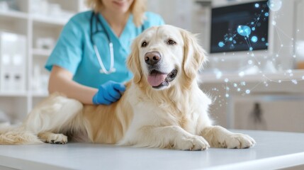 Dog's wellness checkup: A vet examines a golden retriever on an examination table, with modern clinic background to show trust and good service.