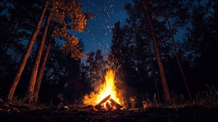 Bonfire flames dancing in the night sky.