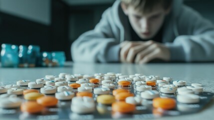 Despair and Pills: A young person, seemingly lost in thought, contemplates a collection of pills, evoking a sense of introspection.