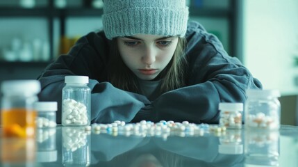 Overwhelmed: A young woman contemplates the array of pills spread before her, reflecting the complex interplay of healthcare and personal challenges.