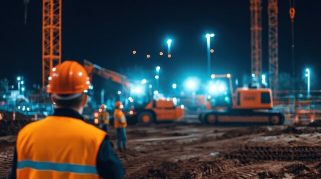 Night Construction Site: A dedicated construction worker oversees the bustling night activities at a dynamic construction site, illuminated by bright lights and bustling with machinery.