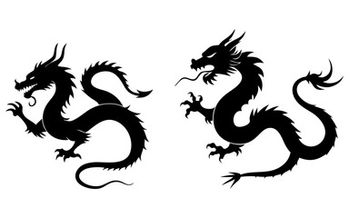 Set of ferocious dragon full black silhouette vector illustration design