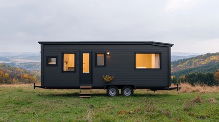 Obraz premium Modern Black Tiny House on Wheels Surrounded by Nature with Scenic Landscape and Fall Foliage