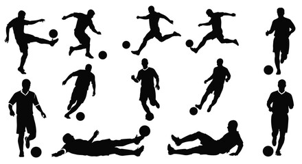 Black Silhouettes of Soccer Players in Dynamic Poses Performing Kicks and Movements