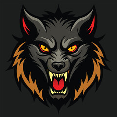 Fototapeta premium Fierce wolf head illustration with sharp teeth and glowing eyes, graphic design, dark background, close-up view