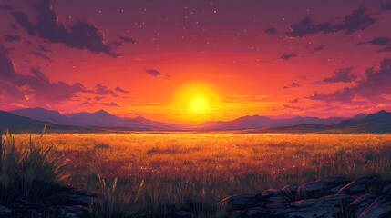 Obraz premium Golden Prairie in Pixel Art Style at Dusk
