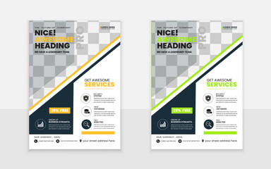  Business flyer design template layout with rectangular green and orange shape