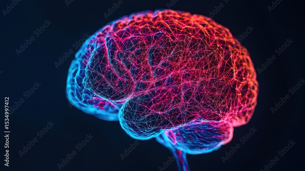 Poster futuristic brain visualization in bright colors representing neural activity and connectivity in dig