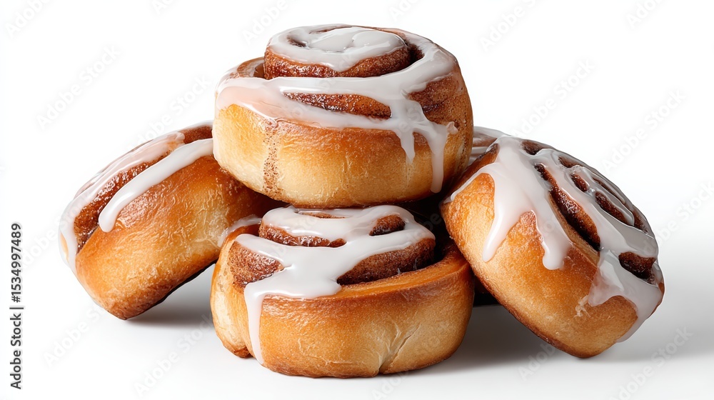 Poster stack of cinnamon rolls with a glaze on top. the rolls are piled on top of each other, creating a vi