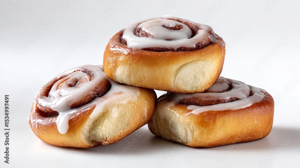 Poster three cinnamon rolls stacked on top of each other. the top one is slightly smaller than the middle o
