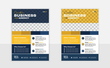 A4-size business flyer design template layout with rectangular  blue and orange shape