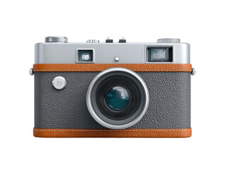 Vintage style camera with silver top and bottom, featuring textured black body and brown leather accents, evokes nostalgia and classic photography charm