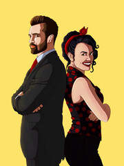 Confident Duo Standing Back-to-Back in Stylish Retro and Formal Wear