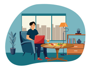 Man Working on Laptop in Cozy Living Room Interior Space.