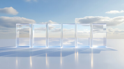 Row of Transparent Glass Doors Open to a Bright Sky with Clouds