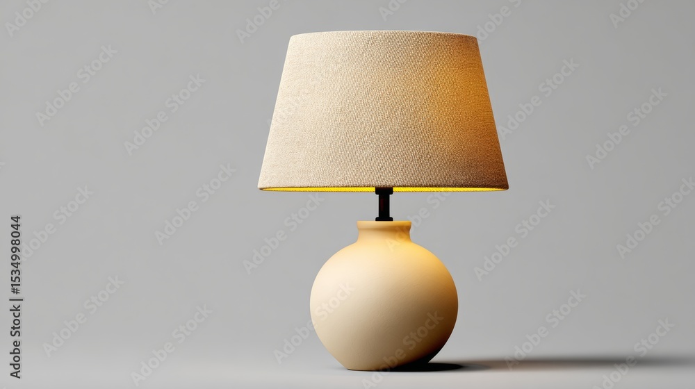 Aufkleber lamp with a yellow shade sits on a grey surface. the lamp is a simple, unadorned design with a round