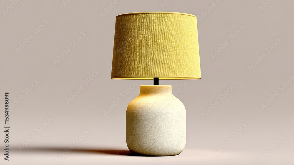 Aufkleber lamp with a yellow shade sits on a white table. the lamp is turned off, and the table is empty. the 