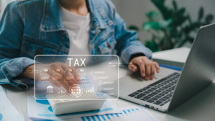 Digital tax form and online filing system with a businessperson using a calculator and laptop. Concept of e-tax, financial technology, accounting, and tax management app interface.