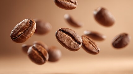 Fototapeta premium Horizontal arrangement of floating coffee beans with warm brown hues, softly illuminated overhead, set against a gradient beige backdrop.