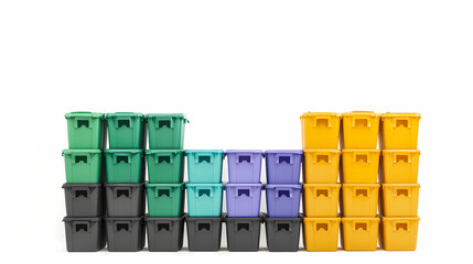 Colorful recycling bins stacked in rows, arranged by color on a white background.