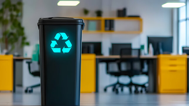 A sleek black recycling bin with a glowing blue recycle symbol stands in a modern office environment with blurred desks and chairs in the background.