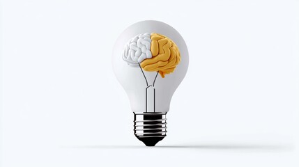 Light bulb with a brain inside of it. The brain is yellow and the bulb is white