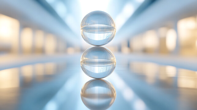 Stacked Glass Spheres Reflecting a Futuristic Corridor - Powered by Adobe