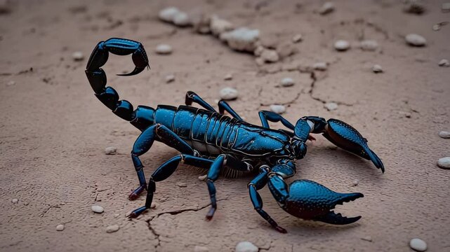 In the dark desert, a black scorpion with sharp pincers and a curled stinger crawls slowly across the dry, cracked ground. Surrounding rocks and cacti add to the arid setting