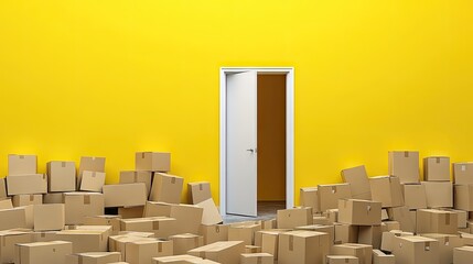 Cardboard boxes fill the space in front of an open door.