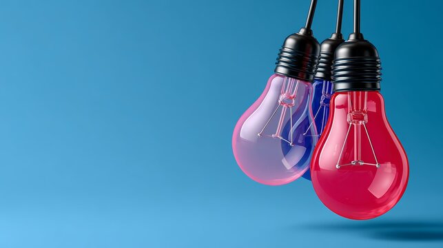 Three light bulbs hanging from a wire, one red, one blue, and one pink. Concept of creativity and playfulness