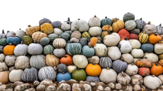 Colorful and Diverse Collection of Decorative Pumpkins Stacked Together Against a Transparent Background