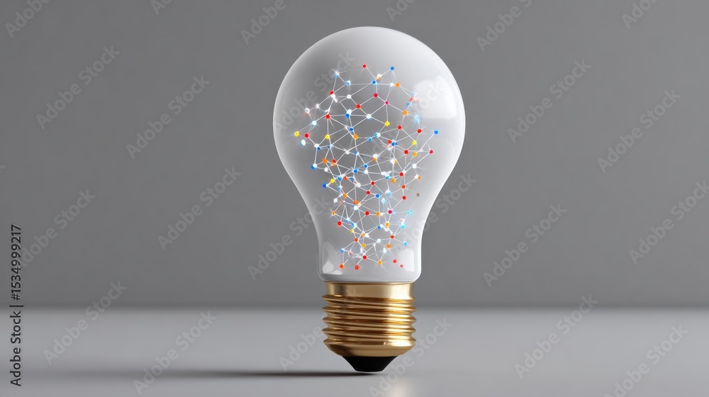 Poster light bulb with a colorful design on it. the light bulb is lit up and is surrounded by a network of 