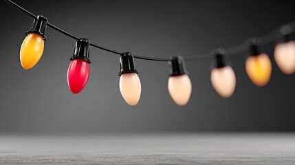 String of Christmas lights with a red and yellow bulb. The lights are hanging from a wire and are arranged in a row