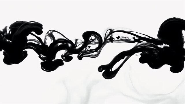 Dark black ink slowly flows spreads white background mesmerizing slow motion organic shapes form cloudy effects resembling smoke abstract emotion ideal design video overlays titles moody transitions