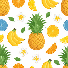 Colorful pineapple, citrus fruit, banana and flower seamless pattern for summer holiday background