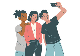 3 amis adolescents souriants qui prennent la pose pour prendre un selfie avec un smartphone - Vie adolescente et émotions - Illustration vectorielle éditable - Style minimaliste 