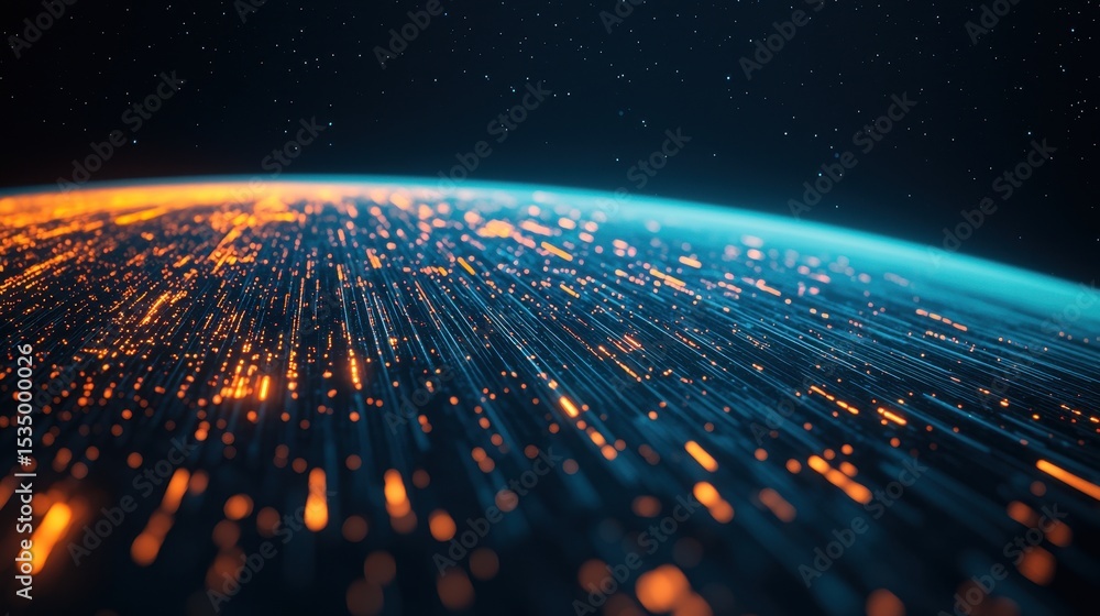 Poster dynamic concept of digital data flow over earth's surface with glowing particles in space at night