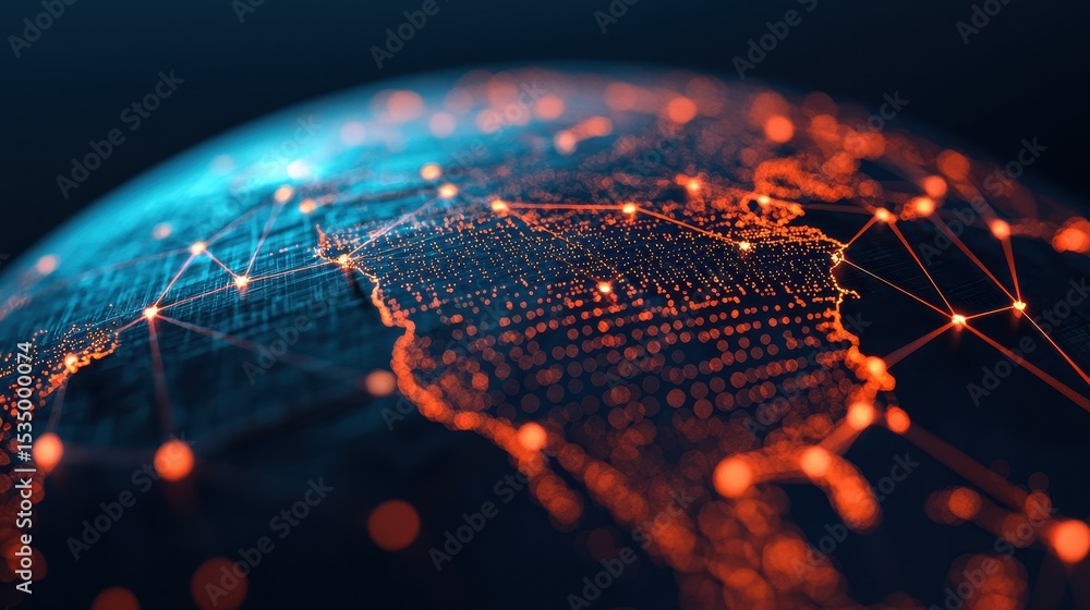 Poster global network connectivity with geometric patterns and digital connections across a detailed earth 