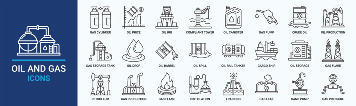 Oil and Gas icon set. Containing gas cylinder, compliant tower, gas pump, petroleum, refinery, distillation and more. Outline vector icons collection.