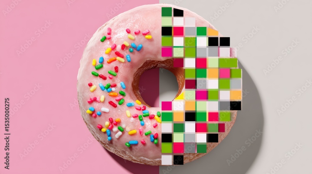 Poster donut with sprinkles on it is split in half, with one half showing a pixelated image