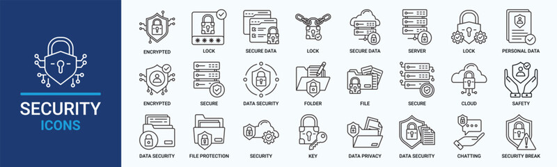 Security icon set. Containing encrypted, lock, secure data, server, data security, folder and more. Outline vector icons collection.