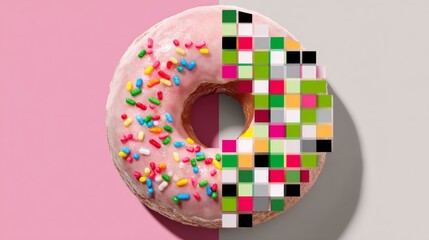 Donut with sprinkles on it is split in half, with one half showing a pixelated image