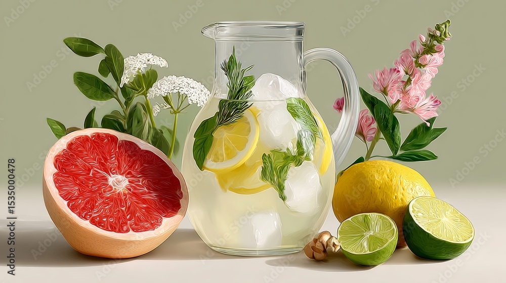 Aufkleber pitcher of lemonade with a slice of grapefruit and lime on the table. the pitcher is filled with ice