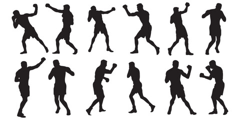Boxer Silhouette Vector Set Isolated On White Background Boxing Poses. silhouettes of boxing player is isolated on a white background . 