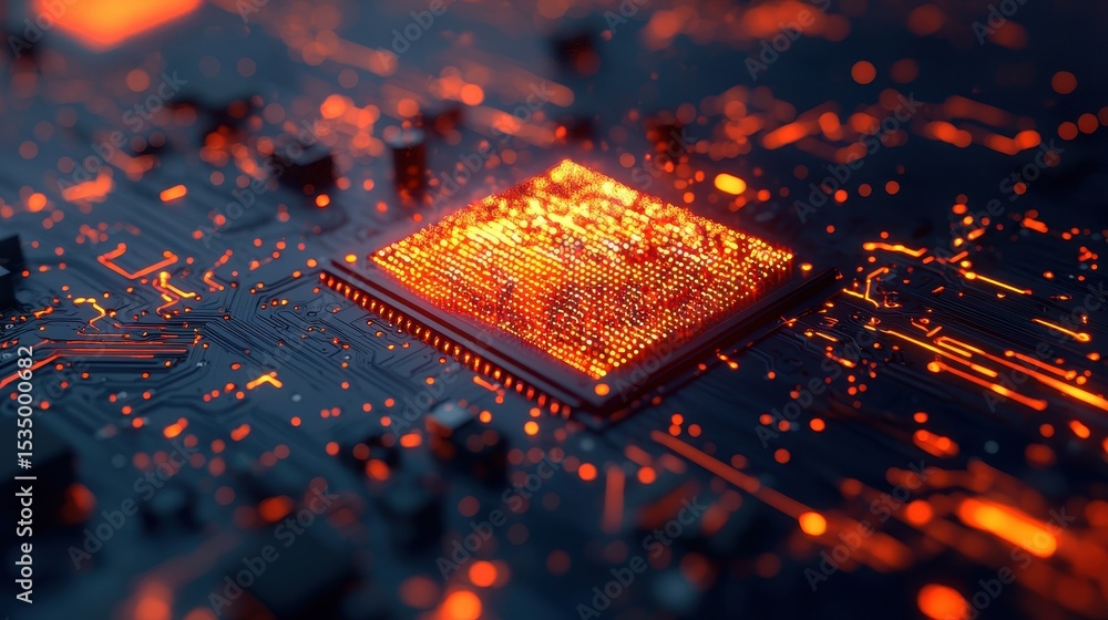 Poster Glowing Circuit Board Design with Microchip and Neon Patterns in High-Tech Digital Environment