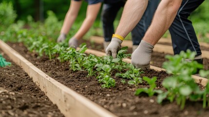 Close-Up of Hands Planting Seedlings in a Garden Bed on a Bright Sunny Day in a Community Garden Setting